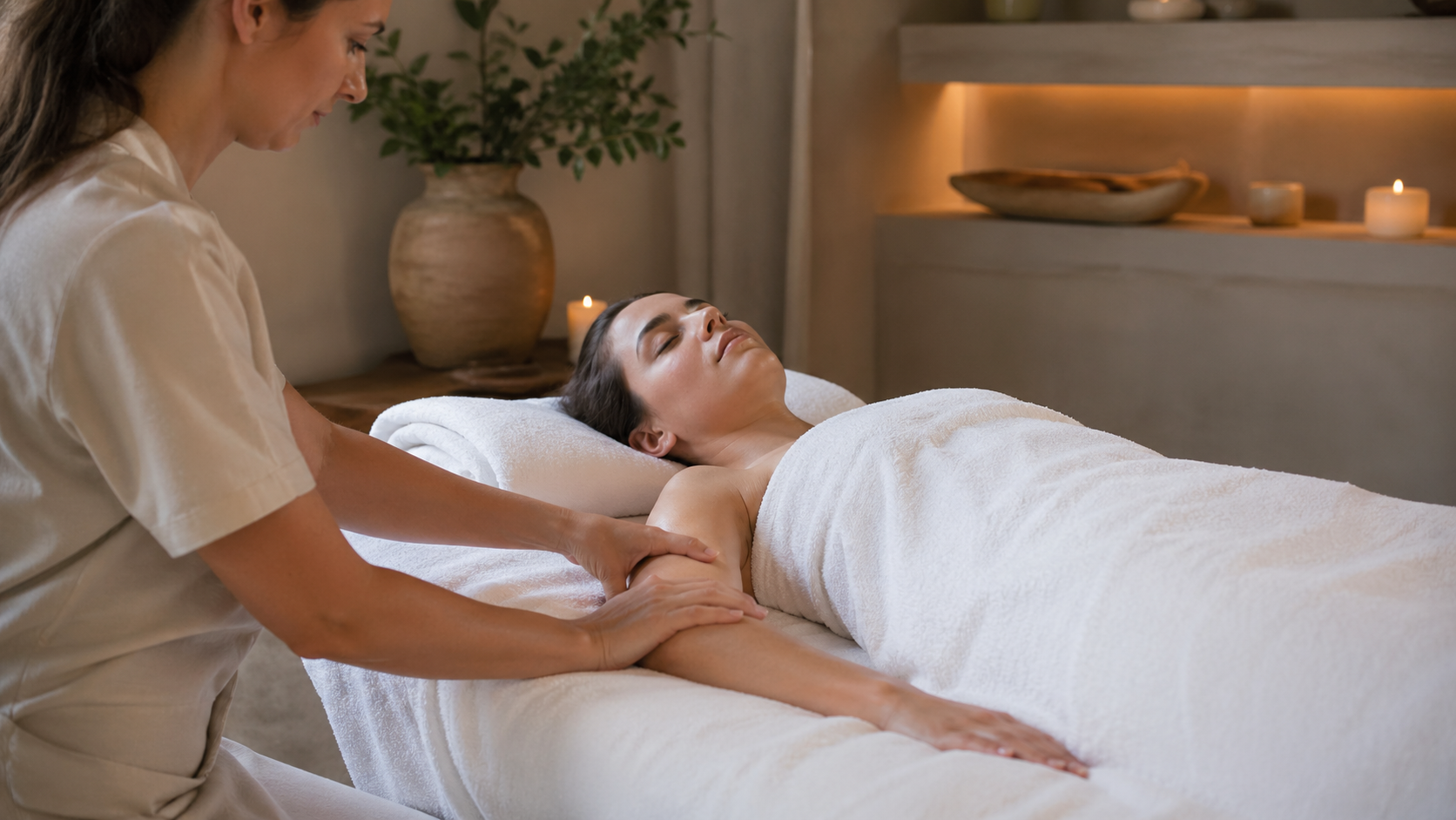 Professional lymphatic drainage massage session using gentle directional technique in a spa setting