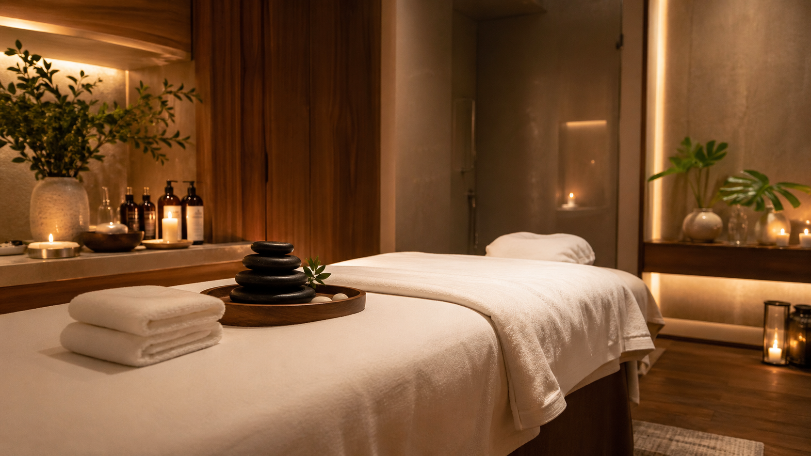 Luxury spa treatment room prepared for a calming therapeutic massage experience in Long Beach