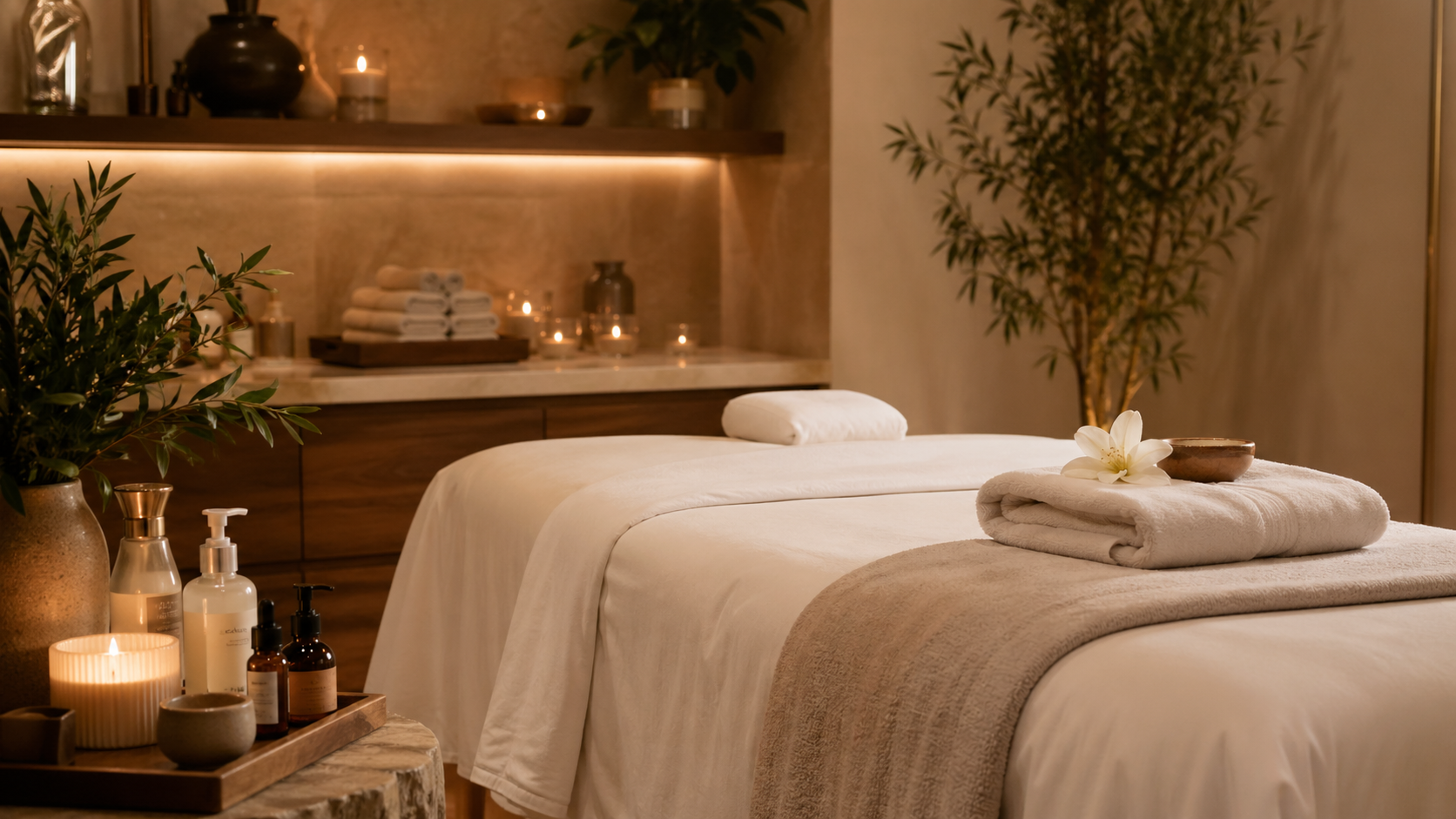 Luxury spa treatment room prepared for a gentle lymphatic drainage massage session in Long Beach