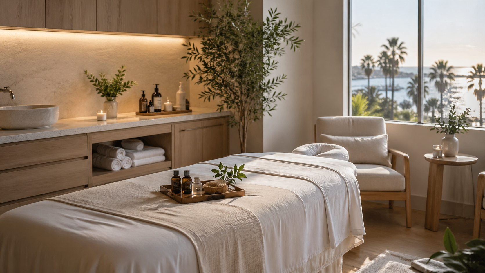Calm lymphatic drainage massage treatment room in Long Beach spa focused on recovery and wellness