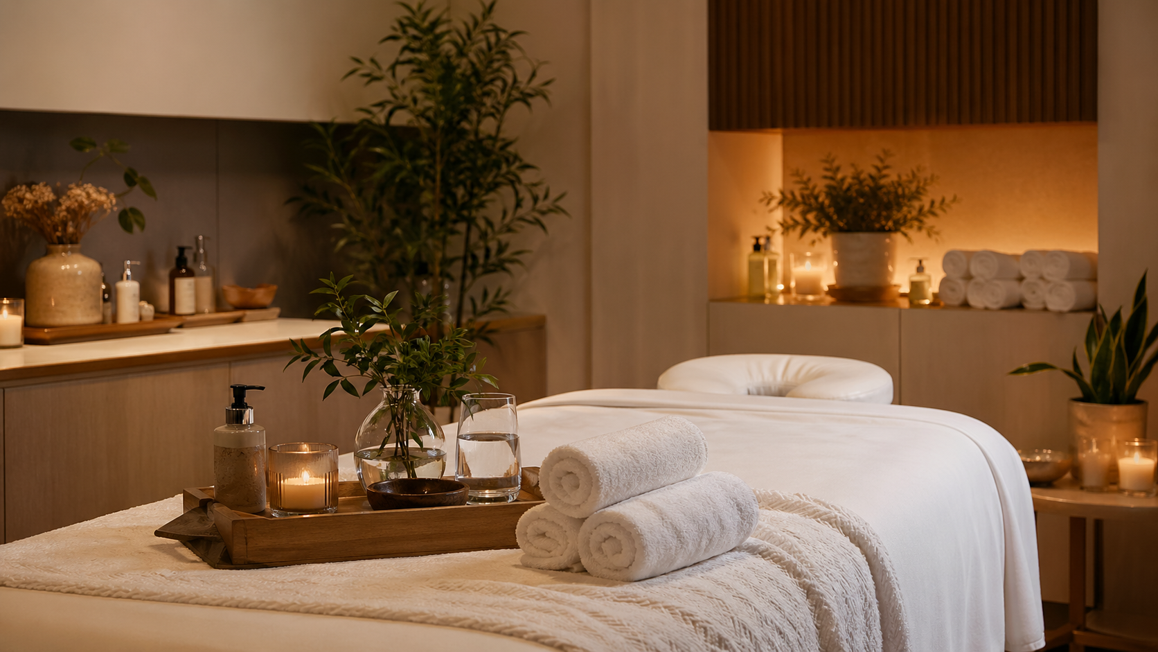 Luxury spa treatment room prepared for lymphatic drainage massage in Long Beach