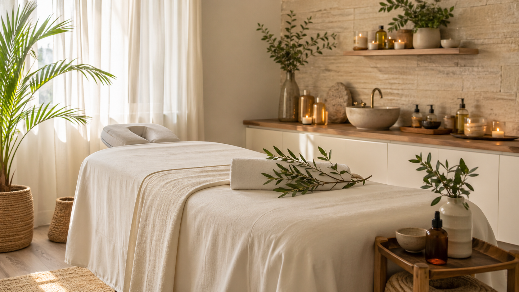 Serene massage treatment room in Long Beach spa with warm lighting and coastal wellness atmosphere
