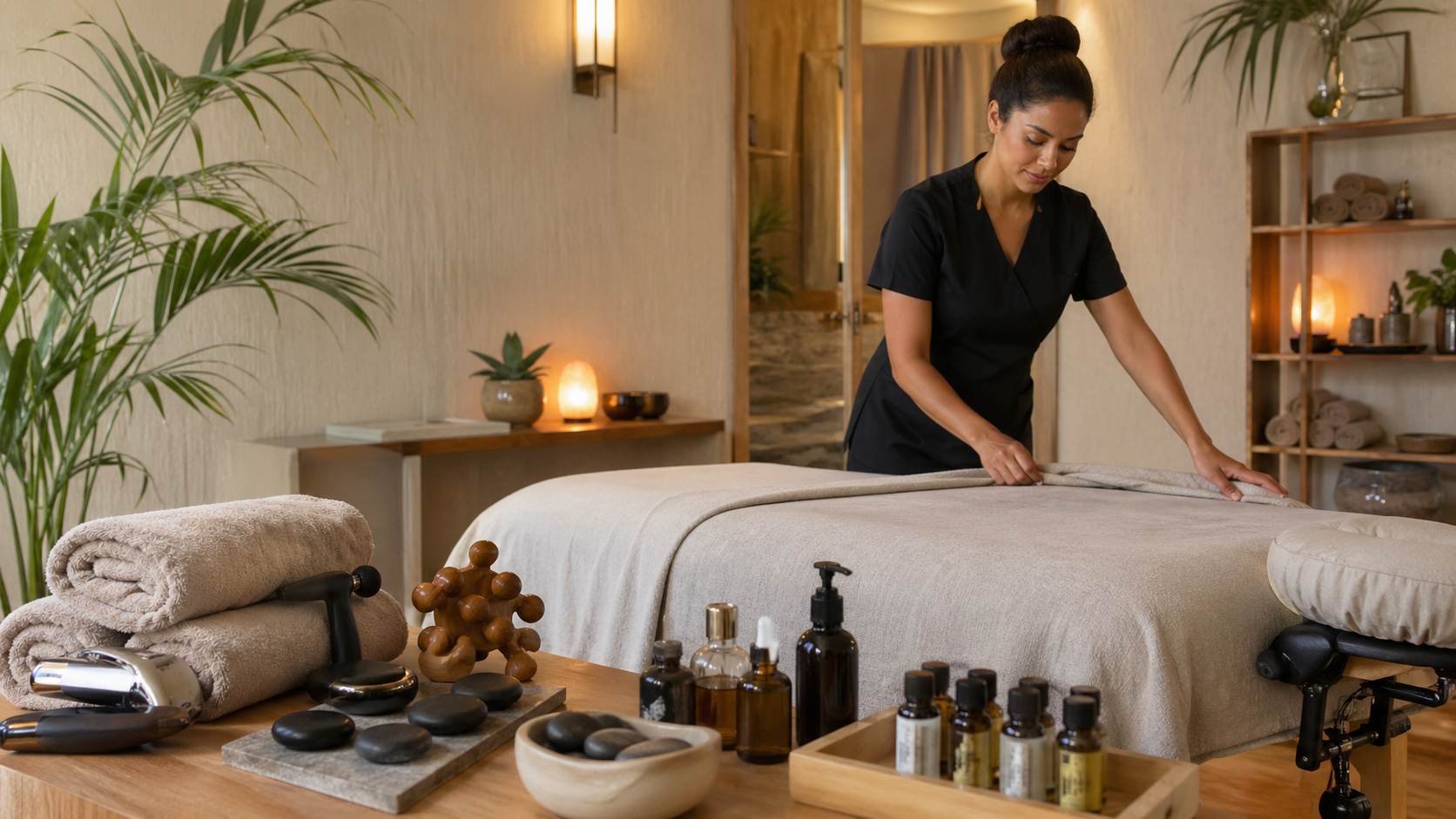 Professional massage therapist preparing a customized massage treatment in a luxury Long Beach spa