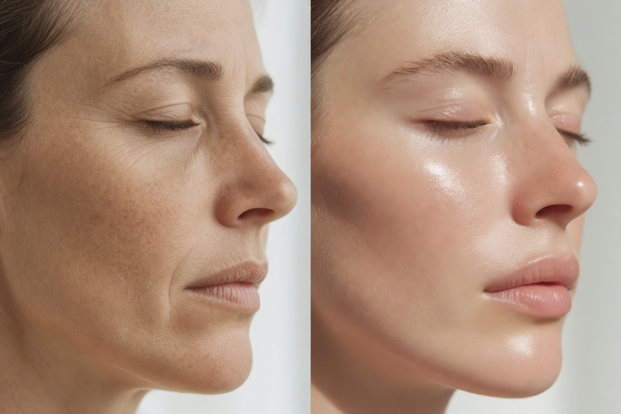 before and after picture of a woman's face