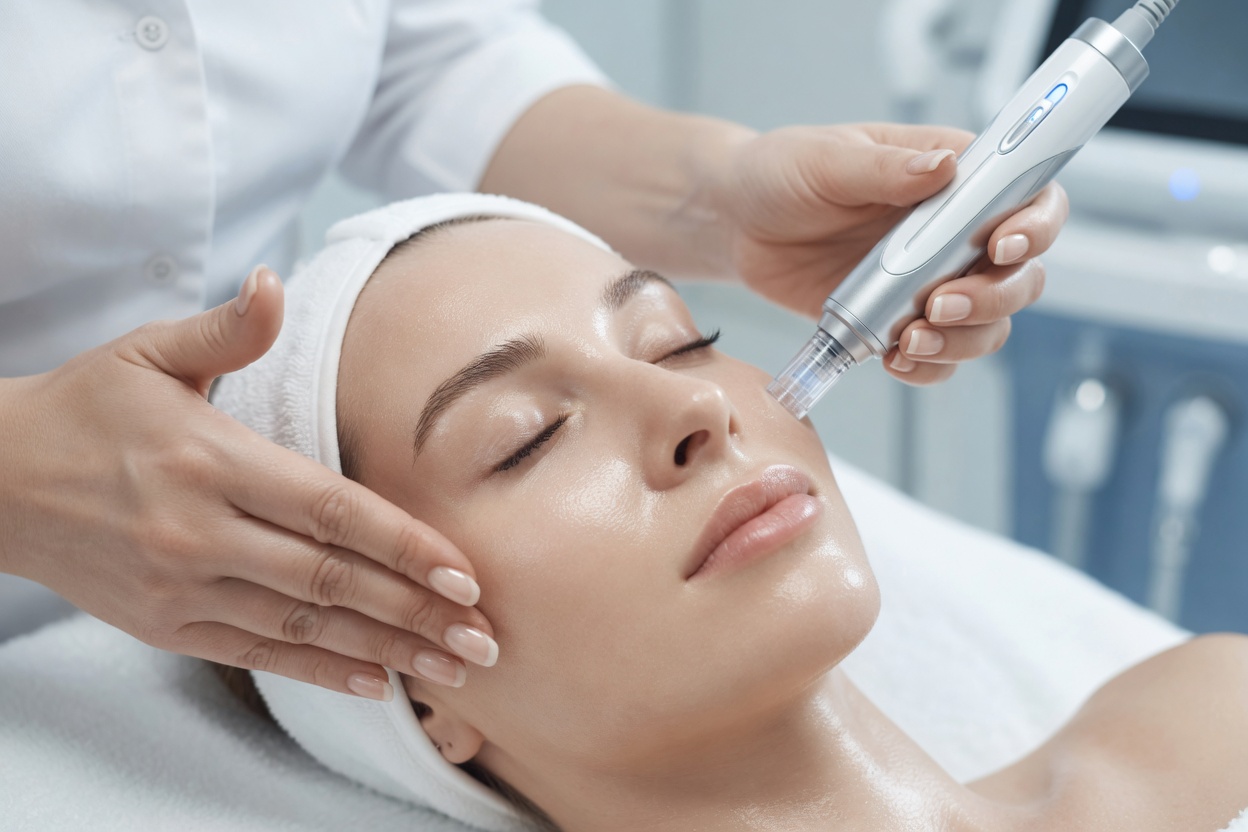 Woman receiving facial treatment in spa